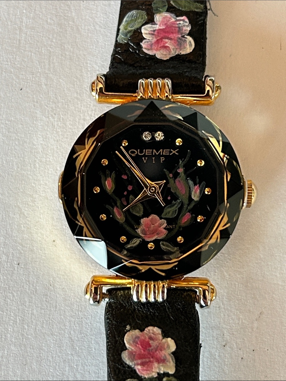Quemex VIP Black Floral Watch with Gold Accents
